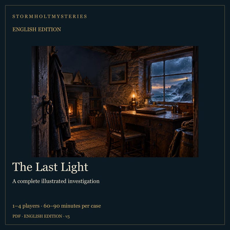 May include: The Last Light, a complete illustrated investigation game, features a dark blue cover with gold text. The central image depicts a cosy, dimly lit room with a fireplace, a wooden desk, a chair, and a window overlooking a stormy lighthouse.