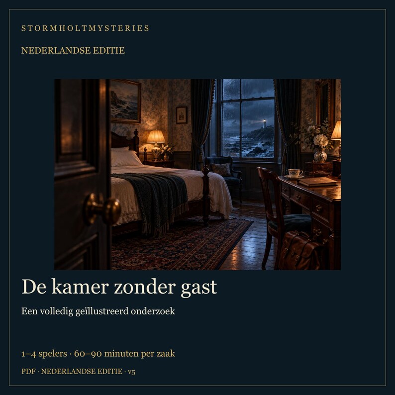 K&ouml;nnte beinhalten: Ein Spielschachtel-Cover mit dem Titel Stormholt Mysteries: De kamer zonder gast, das ein dunkles, stimmungsvolles Schlafzimmer mit Bett, Schreibtisch und einem Fenster mit Blick auf einen st&uuml;rmischen Leuchtturm bei Nacht zeigt.