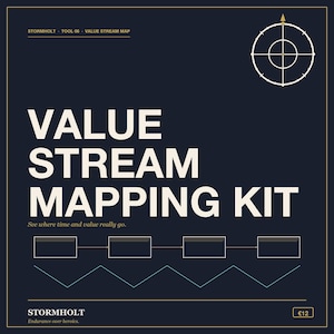 May include: A dark blue square graphic titled Value Stream Mapping Kit with white text. It features a circular target icon, four rectangular boxes connected by arrows, a blue zigzag line, and the text Stormholt Tool 06 Value Stream Map.