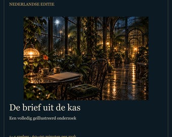 May include: A dark-themed game cover titled Stormholt Mysteries: De brief uit de kas. It features a central illustration of a dimly lit, rain-streaked greenhouse at night with a table, two cups, and a book, set against a dark blue background.