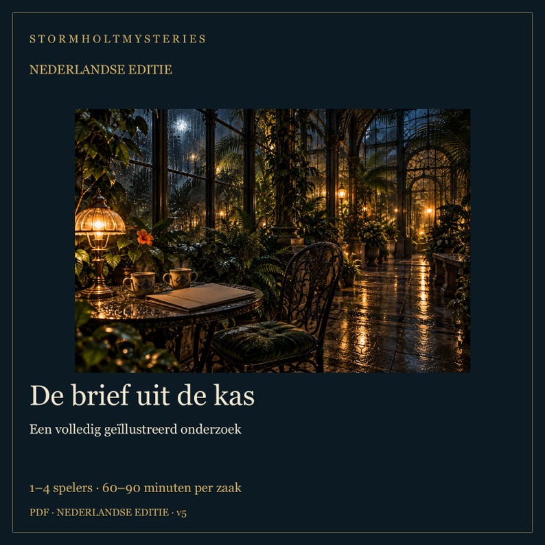 Puede incluir: Una portada de juego de tem&aacute;tica oscura titulada Stormholt Mysteries: De brief uit de kas. Presenta una ilustraci&oacute;n central de un invernadero oscuro bajo la lluvia por la noche con una mesa, dos tazas y un libro sobre un fondo azul oscuro.