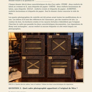 May include: A document page titled Les r&eacute;parations survivent aux mains featuring four square dark wood frames labeled A, B, C, and D. Each frame displays different brass reinforcement configurations and paper labels, presented as a logic puzzle.