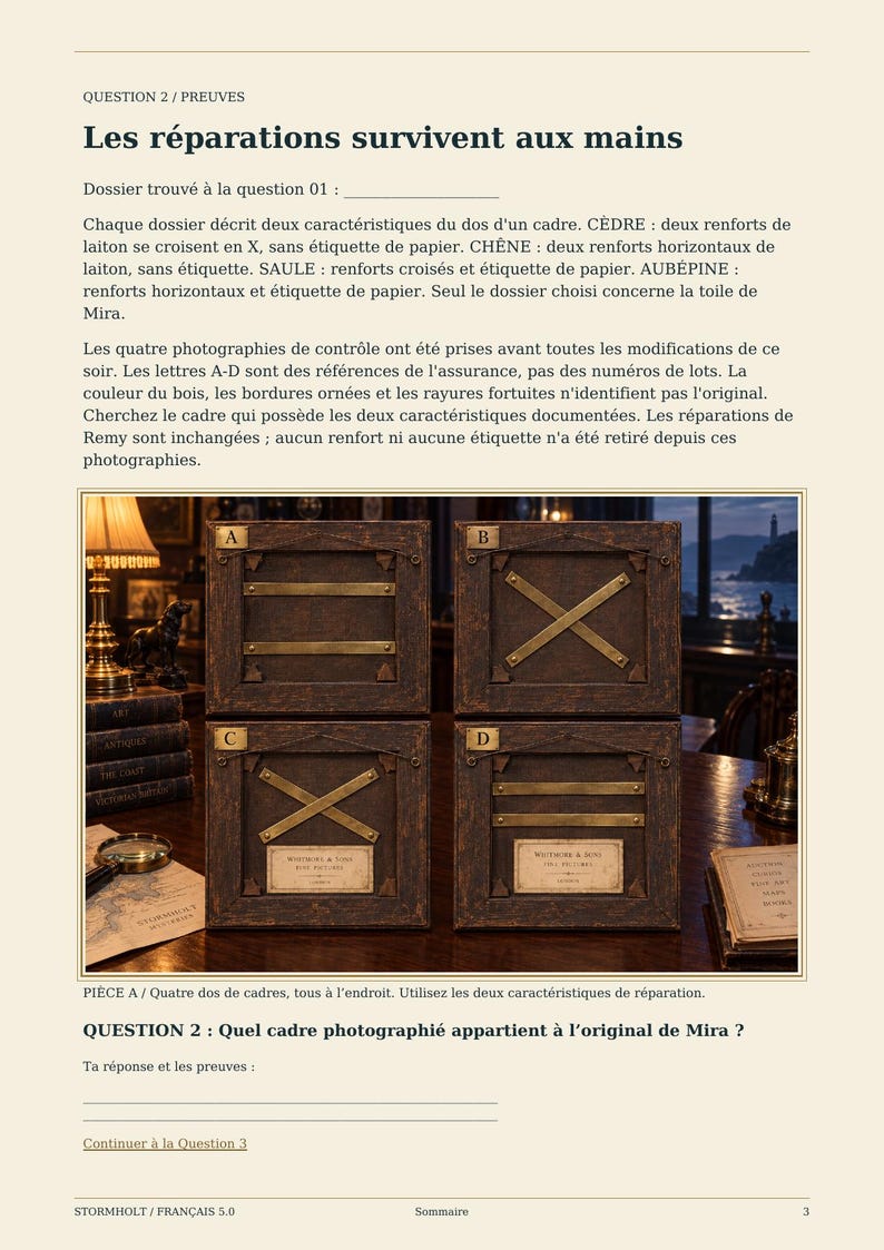 May include: A document page titled Les r&eacute;parations survivent aux mains featuring four square dark wood frames labeled A, B, C, and D. Each frame displays different brass reinforcement configurations and paper labels, presented as a logic puzzle.