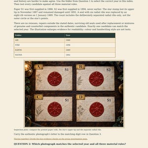 May include: A document titled The materials remember featuring four photographs of envelopes labeled A, B, C, and D. Each envelope is sealed with red wax featuring a star design. The text includes instructions for comparing paper codes and seal details.