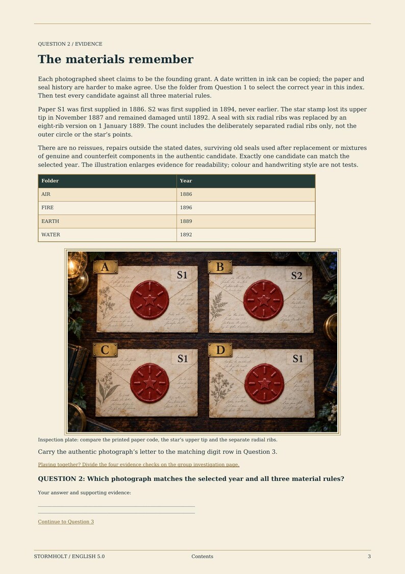 May include: A document titled The materials remember featuring four photographs of envelopes labeled A, B, C, and D. Each envelope is sealed with red wax featuring a star design. The text includes instructions for comparing paper codes and seal details.