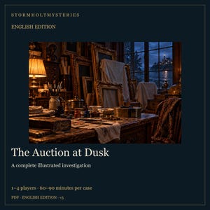 Puede incluir: Una portada de juego digital titulada Stormholt Mysteries: The Auction at Dusk, A complete illustrated investigation. La imagen muestra un estudio de artista oscuro y desordenado con lienzos en marcos dorados, una l&aacute;mpara encendida y un faro.