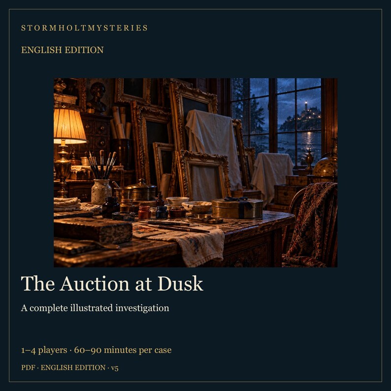 Puede incluir: Una portada de juego digital titulada Stormholt Mysteries: The Auction at Dusk, A complete illustrated investigation. La imagen muestra un estudio de artista oscuro y desordenado con lienzos en marcos dorados, una l&aacute;mpara encendida y un faro.