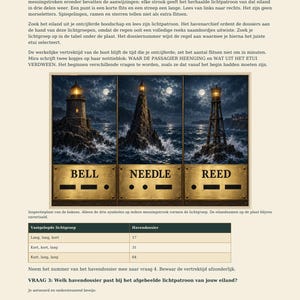 May include: A puzzle page titled Een licht met een eigen naam featuring three lighthouse illustrations above brass plaques labelled BELL, NEEDLE, and REED with Morse code symbols, followed by a table mapping light patterns to harbour file numbers.