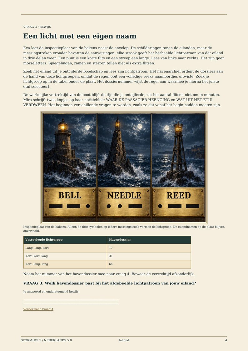 May include: A puzzle page titled Een licht met een eigen naam featuring three lighthouse illustrations above brass plaques labelled BELL, NEEDLE, and REED with Morse code symbols, followed by a table mapping light patterns to harbour file numbers.
