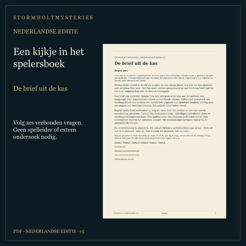 Puede incluir: Un manual de juego rectangular de color azul oscuro titulado Stormholt Mysteries Nederlandse Editie. La p&aacute;gina presenta el texto Een kijkje in het spelersboek y De brief uit de kas, con una p&aacute;gina blanca insertada que muestra el texto De brief uit de kas.