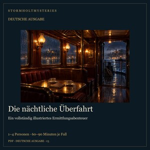 May include: A digital game cover titled Stormholt Mysteries: Die n&auml;chtliche &Uuml;berfahrt. The image shows a dark, wood-paneled boat interior with a table, two cups, and a book, overlooking a rainy night harbor scene through windows and an open door.