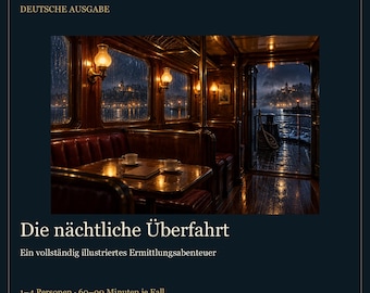 May include: A digital game cover titled Stormholt Mysteries: Die nächtliche Überfahrt. The image shows a dark, wood-paneled boat interior with a table, two cups, and a book, overlooking a rainy night harbor scene through windows and an open door.