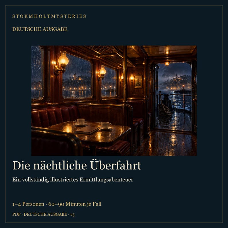 May include: A digital game cover titled Stormholt Mysteries: Die n&auml;chtliche &Uuml;berfahrt. The image shows a dark, wood-paneled boat interior with a table, two cups, and a book, overlooking a rainy night harbor scene through windows and an open door.