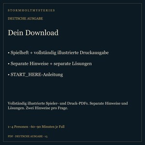 May include: A dark blue digital download information card for Stormholt Mysteries, German edition. It lists contents including a game booklet, illustrated print edition, separate hints, solutions, and a START_HERE guide for 1-4 players.