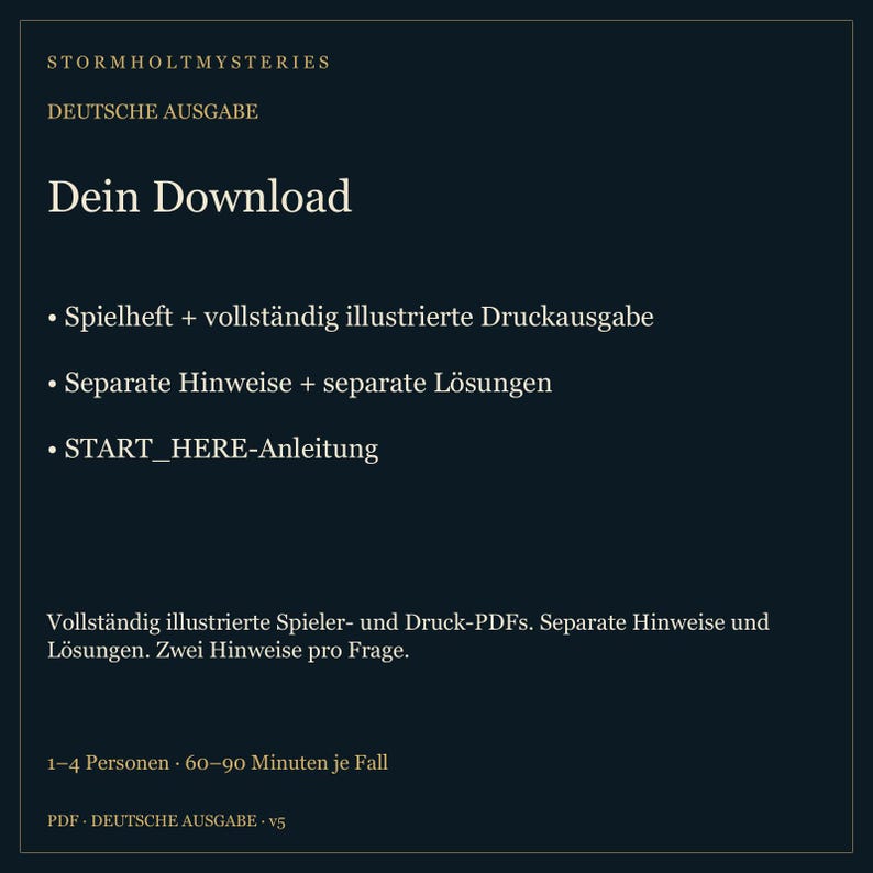 May include: A dark blue digital download information card for Stormholt Mysteries, German edition. It lists contents including a game booklet, illustrated print edition, separate hints, solutions, and a START_HERE guide for 1-4 players.