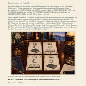 May include: A game document titled BEWEISST&Uuml;CK 02 / Eine Einladung ohne Absender featuring four rectangular cards labeled 201, 202, 203, and 204. Each card displays black ink illustrations of books, suns, and moons on a cream-colored background.