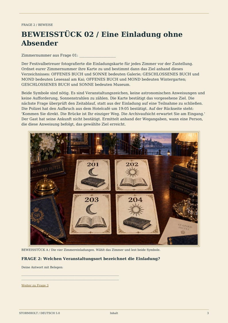 May include: A game document titled BEWEISST&Uuml;CK 02 / Eine Einladung ohne Absender featuring four rectangular cards labeled 201, 202, 203, and 204. Each card displays black ink illustrations of books, suns, and moons on a cream-colored background.