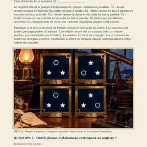 Puede incluir: Una p&aacute;gina titulada L'&eacute;toile qui est une ouverture que muestra cuatro placas cuadradas etiquetadas A, B, C y D. Cada placa contiene una disposici&oacute;n triangular de tres s&iacute;mbolos, ya sean estrellas blancas o c&iacute;rculos blancos, sobre un fondo azul.