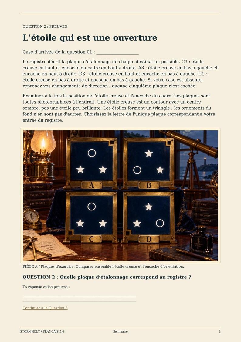 Puede incluir: Una p&aacute;gina titulada L'&eacute;toile qui est une ouverture que muestra cuatro placas cuadradas etiquetadas A, B, C y D. Cada placa contiene una disposici&oacute;n triangular de tres s&iacute;mbolos, ya sean estrellas blancas o c&iacute;rculos blancos, sobre un fondo azul.