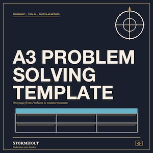 May include: A dark blue A3 problem solving template with white text reading STORMHOLT TOOL 02 TOYOTA A3 METHOD, A3 PROBLEM SOLVING TEMPLATE, One page from Problem to countermeasure, and STORMHOLT Endurance over heroics, featuring a white circular target icon.