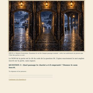 May include: A page from a document titled Question 3 / Preuves featuring the text Lisez le sol, puis l'heure. It displays three stone archways labeled GULL, ANCHOR, and WAVE, each showing a dark, stormy coastal scene with wet stone steps and lanterns.