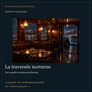May include: A digital game cover titled Stormholt Mysteries: La traversée nocturne. The image shows a dark, wood-paneled boat interior with leather booths, a table with two cups, and glowing wall lamps overlooking a rainy night harbor scene.