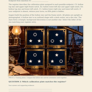 Puede incluir: Una p&aacute;gina titulada The star that is an opening con cuatro placas de calibraci&oacute;n cuadradas de color azul oscuro etiquetadas A, B, C y D. Cada placa muestra una disposici&oacute;n &uacute;nica de estrellas blancas y recortes circulares.