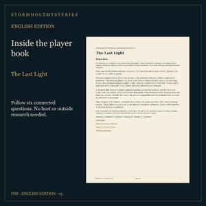 May include: A Stormholt Mysteries English Edition player book page titled The Last Light. The document features black text on a cream background, outlining instructions for a mystery game involving keeper Elias Vale and a missing historic lens.