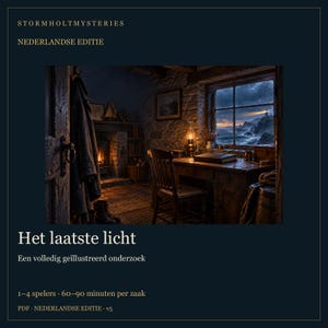 May include: A digital illustration titled StormholtMysteries Nederlandse Editie Het laatste licht Een volledig ge&iuml;llustreerd onderzoek. The scene depicts a dark, cozy room with a fireplace, a wooden desk, a chair, and a window overlooking a stormy sea with a lighthouse beam. The room is lit by the warm glow of a lamp and fire.
