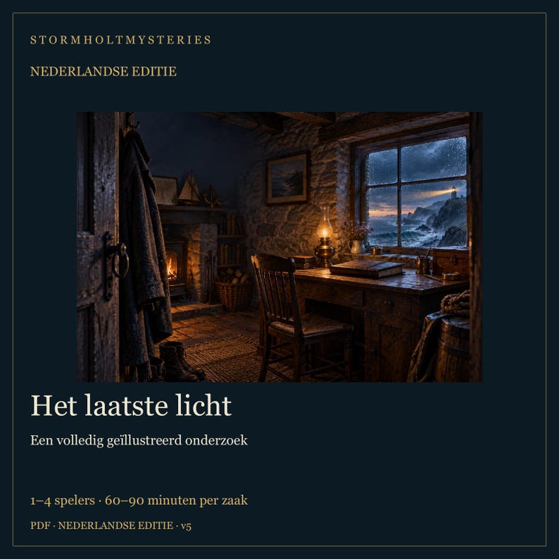 May include: A digital illustration titled StormholtMysteries Nederlandse Editie Het laatste licht Een volledig ge&iuml;llustreerd onderzoek. The scene depicts a dark, cozy room with a fireplace, a wooden desk, a chair, and a window overlooking a stormy sea with a lighthouse beam. The room is lit by the warm glow of a lamp and fire.