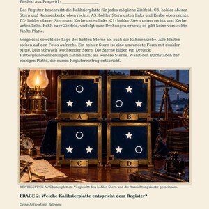 May include: A page titled Der Stern, der eine &Ouml;ffnung ist featuring four square dark blue calibration plates labeled A, B, C, and D. Each plate displays a unique arrangement of white star icons and white circular outlines within a gold frame.