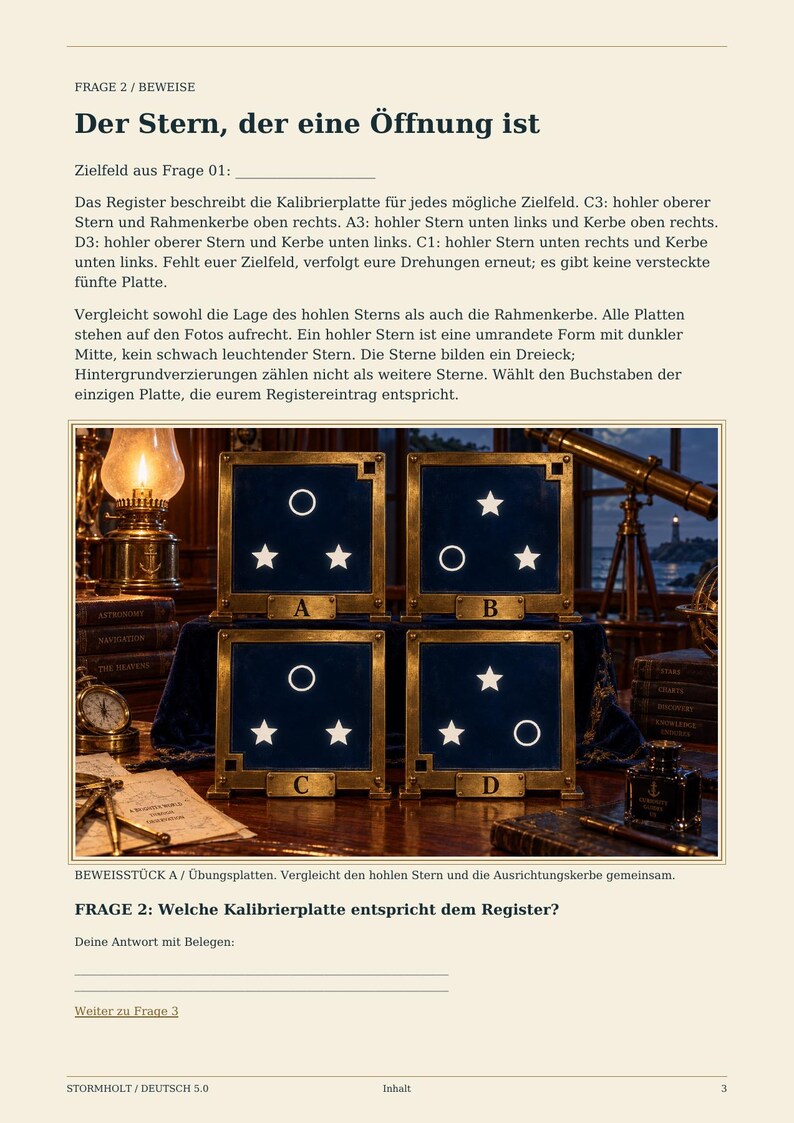 May include: A page titled Der Stern, der eine &Ouml;ffnung ist featuring four square dark blue calibration plates labeled A, B, C, and D. Each plate displays a unique arrangement of white star icons and white circular outlines within a gold frame.
