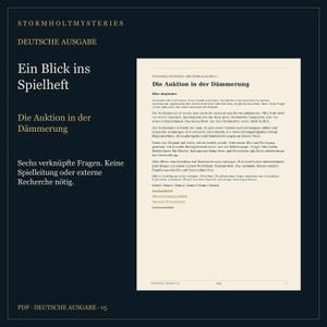 Op de afbeelding: Een digitaal document getiteld Stormholt Mysteries: Die Auktion in der D&auml;mmerung. De pagina bevat Duitse tekst met een mysterie-spelscenario, inclusief instructies voor 1-4 spelers, de verhaallijn en links naar extra spelbestanden.