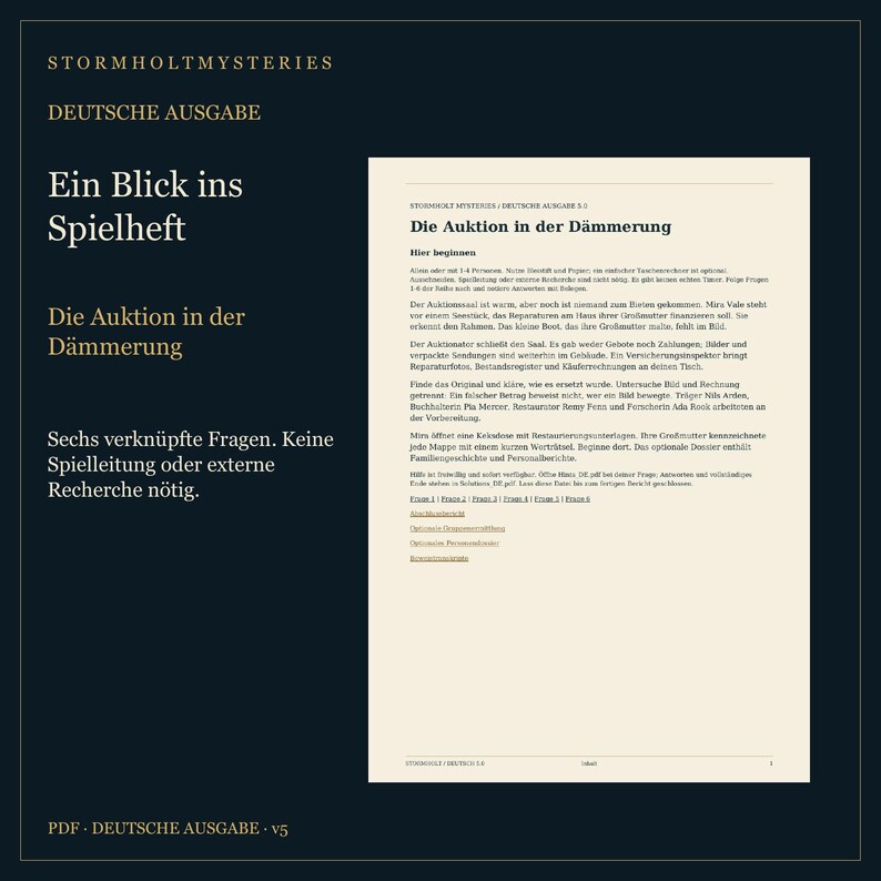 Op de afbeelding: Een digitaal document getiteld Stormholt Mysteries: Die Auktion in der D&auml;mmerung. De pagina bevat Duitse tekst met een mysterie-spelscenario, inclusief instructies voor 1-4 spelers, de verhaallijn en links naar extra spelbestanden.