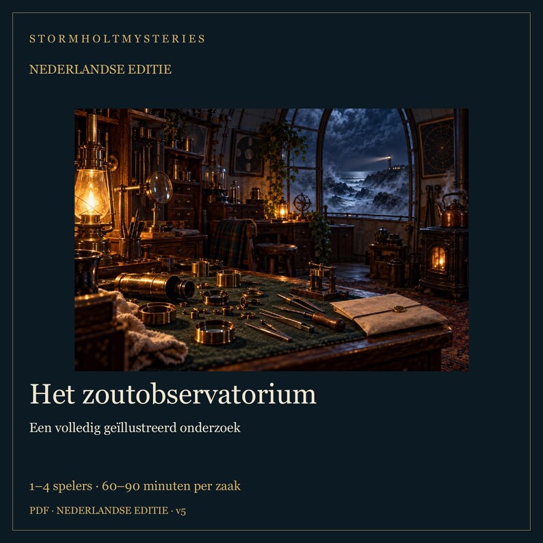 May include: A game box cover titled Stormholt Mysteries: Het zoutobservatorium, featuring a dark, detailed illustration of a cluttered study with a telescope, brass tools, and a glowing lantern, overlooking a stormy sea with a lighthouse at night.