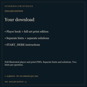 May include: A dark blue digital download information sheet for Stormholt Mysteries English Edition. It lists contents including a player book, full-art print edition, separate hints and solutions, and START_HERE instructions for 1-4 players.