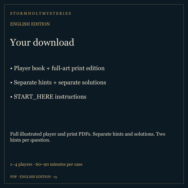 May include: A dark blue digital download information sheet for Stormholt Mysteries English Edition. It lists contents including a player book, full-art print edition, separate hints and solutions, and START_HERE instructions for 1-4 players.