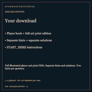 Op de afbeelding: Een donkerblauw digitaal download-informatieblad voor Stormholt Mysteries English Edition. Het bevat een lijst met inhoud, waaronder een spelersboek, een full-art printeditie, aparte hints en oplossingen, en START_HERE-instructies voor 1-4 spelers.
