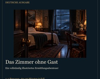 Puede incluir: Una portada de juego titulada Stormholt Mysteries: Das Zimmer ohne Gast. La imagen muestra un dormitorio tenuemente iluminado con una cama, un escritorio y una ventana con vistas a un mar tormentoso con un faro. El texto incluye 1-4 Personen, 60-90 Minuten je Fall, PDF.