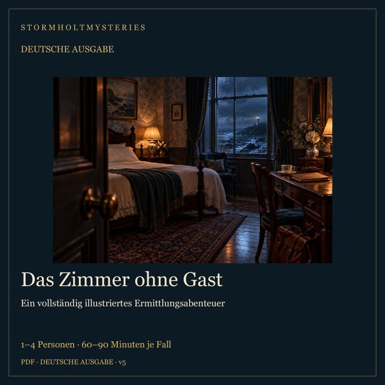 May include: A game cover titled Stormholt Mysteries: Das Zimmer ohne Gast. The image shows a dimly lit bedroom with a bed, a desk, and a window overlooking a stormy sea with a lighthouse. Text includes 1-4 Personen, 60-90 Minuten je Fall, and PDF.