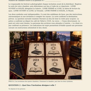 May include: A document page titled PI&Egrave;CE 02 / Une invitation sans exp&eacute;diteur featuring text in French and four rectangular cards labeled 201, 202, 203, and 204. Each card displays a black ink illustration of a moon or sun symbol above an open or closed book.