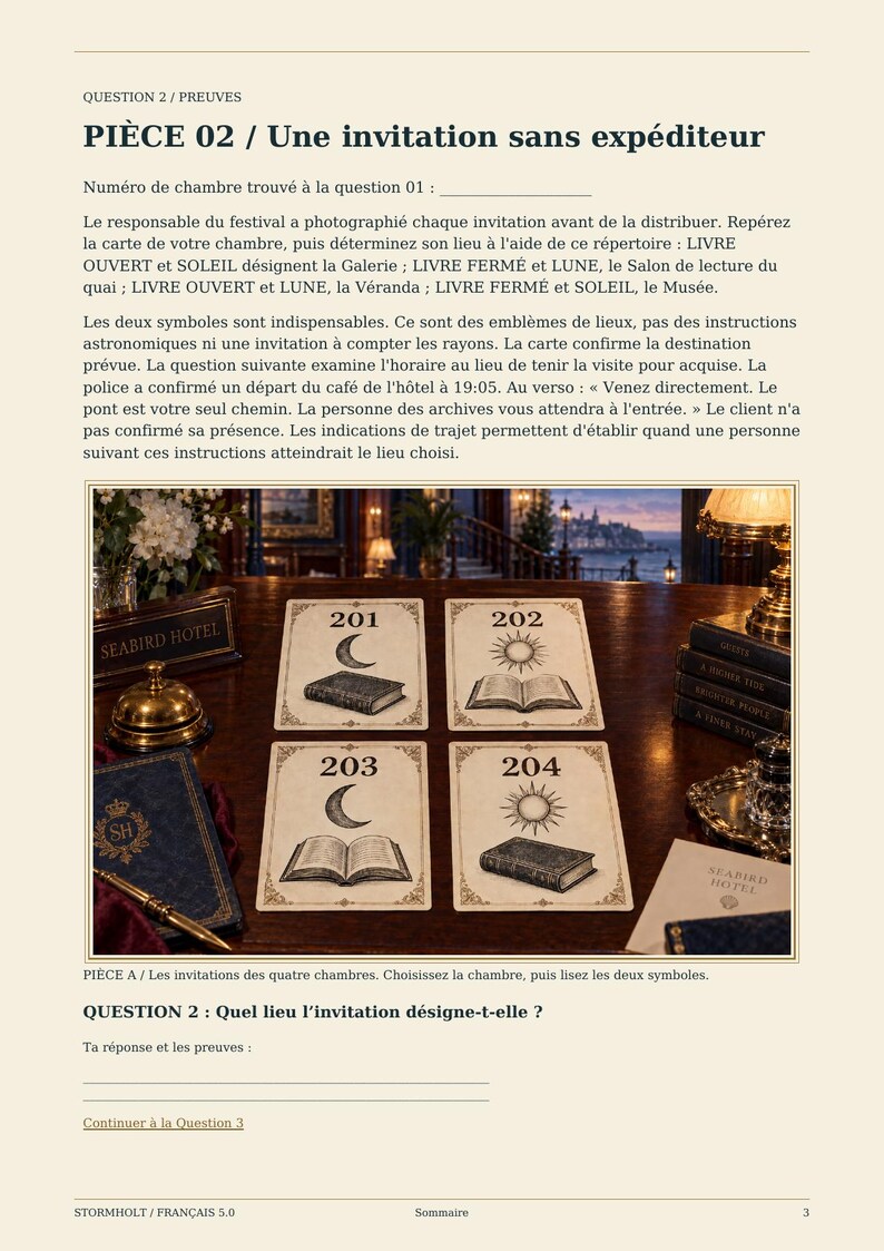May include: A document page titled PI&Egrave;CE 02 / Une invitation sans exp&eacute;diteur featuring text in French and four rectangular cards labeled 201, 202, 203, and 204. Each card displays a black ink illustration of a moon or sun symbol above an open or closed book.