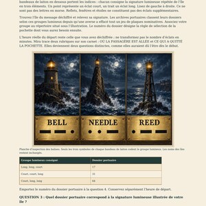 May include: A page titled Une lumi&egrave;re qui porte son nom featuring three illustrations of lighthouses on rocky islands at night. Below each image is a brass plaque labeled BELL, NEEDLE, or REED with corresponding Morse code dots and dashes.