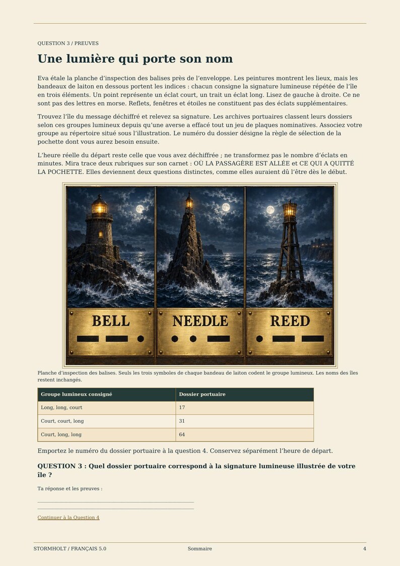 May include: A page titled Une lumi&egrave;re qui porte son nom featuring three illustrations of lighthouses on rocky islands at night. Below each image is a brass plaque labeled BELL, NEEDLE, or REED with corresponding Morse code dots and dashes.