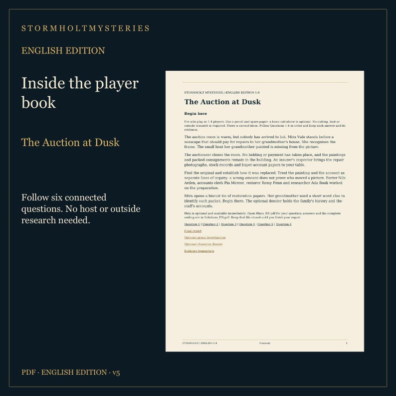Puede incluir: Un gr&aacute;fico informativo azul oscuro para la edici&oacute;n en ingl&eacute;s de Stormholt Mysteries con el texto Inside the player book, The Auction at Dusk, e instrucciones para seguir seis preguntas conectadas sin investigaci&oacute;n externa.