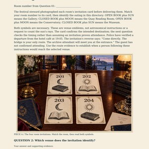 Op de afbeelding: Een document getiteld EXHIBIT 02 met vier rechthoekige uitnodigingskaarten genummerd 201, 202, 203 en 204. Elke kaart toont een zwart-witillustratie van een open of gesloten boek gecombineerd met een zon- of maansymbool op een bureau.