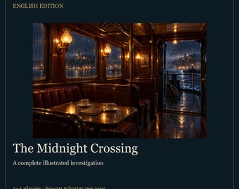 May include: A digital game titled Stormholt Mysteries: The Midnight Crossing, an illustrated investigation for 1-4 players. The image shows a dark, wood-panelled train carriage interior with rain-streaked windows, warm wall lamps, and a table.