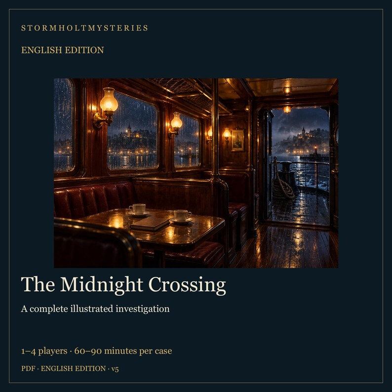 Puede incluir: Un juego digital titulado Stormholt Mysteries: The Midnight Crossing, una investigaci&oacute;n ilustrada para 1-4 jugadores. La imagen muestra el interior de un vag&oacute;n de madera oscura con ventanas bajo la lluvia, l&aacute;mparas de pared y una mesa.