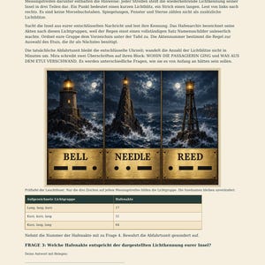 May include: A document page titled Ein Licht mit einem eigenen Namen featuring three illustrations of lighthouses at night, each labeled with the words BELL, NEEDLE, or REED above Morse code symbols, and a table listing light sequences and harbor files.