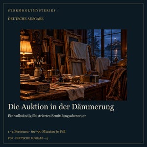 Op de afbeelding: Een donker vormgegeven spelcover getiteld Stormholt Mysteries: Die Auktion in der D&auml;mmerung. De centrale afbeelding toont een zwak verlicht, rommelig kunstenaarsatelier met een lamp, gestapelde lijsten en uitzicht op een vuurtoren.